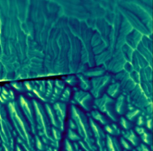 Left: MFM image, showing phase contrast, generated by the stray fields of magnetic domains in electrical steel. By varying in-plane magnetic field, it is possible to study the evolution of magnetization, and thus understand the origin of losses in electrical transformers or motors. Image size: 100 x 100 µm2
