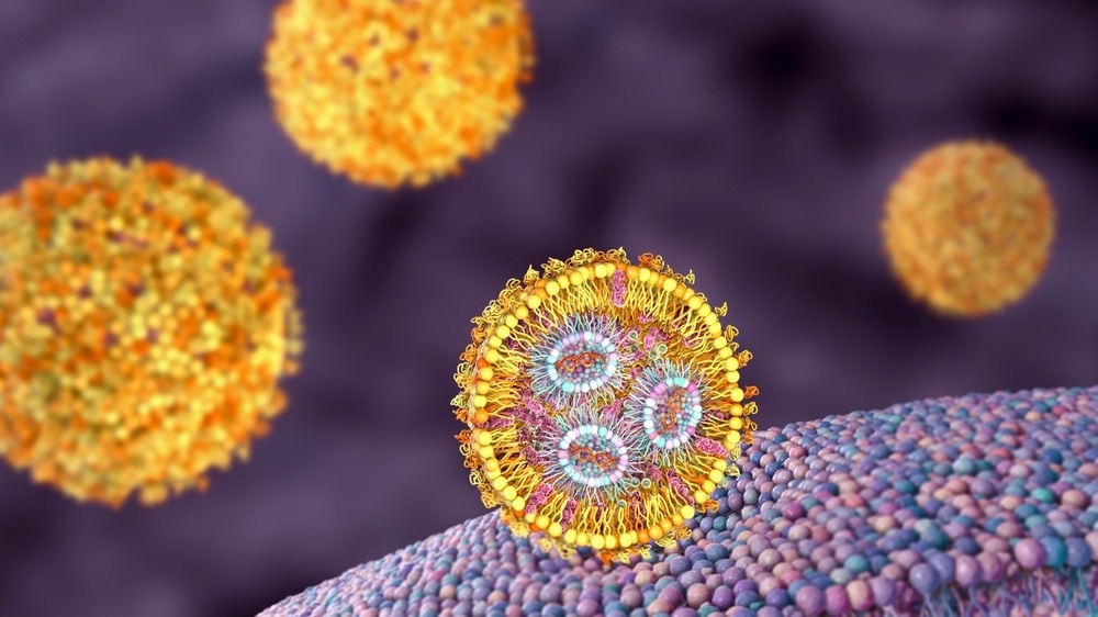 Lipid nanoparticle siRNA antivirals used against Covid-19 and influenza. 3D illustration showing cross-section of lipid nanoparticle carrying siRNA of the virus (orange) entering a human cell