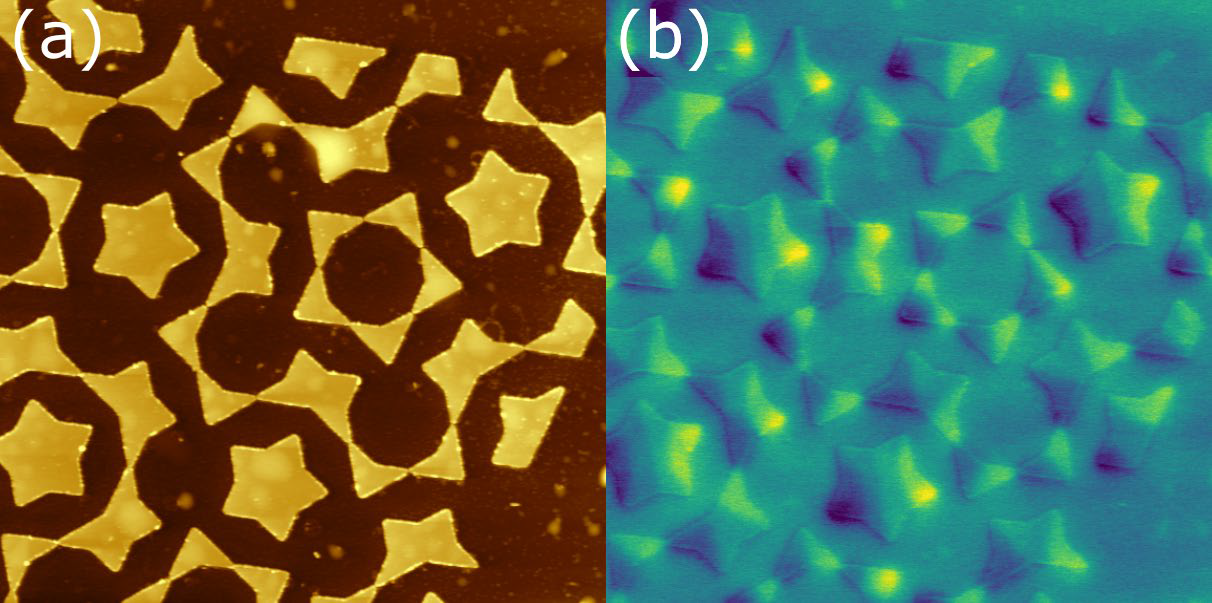 (a): Topography showing magnetic nanostructures alongside some surface contamination (most likely fabrication residue). (b): MFM phase signal taken at zero magnetic field showing the distribution of the stray magnetic field above the sample. Tip lift height first pass amplitude plus 120 nm. Image size: 13×13 µm2.