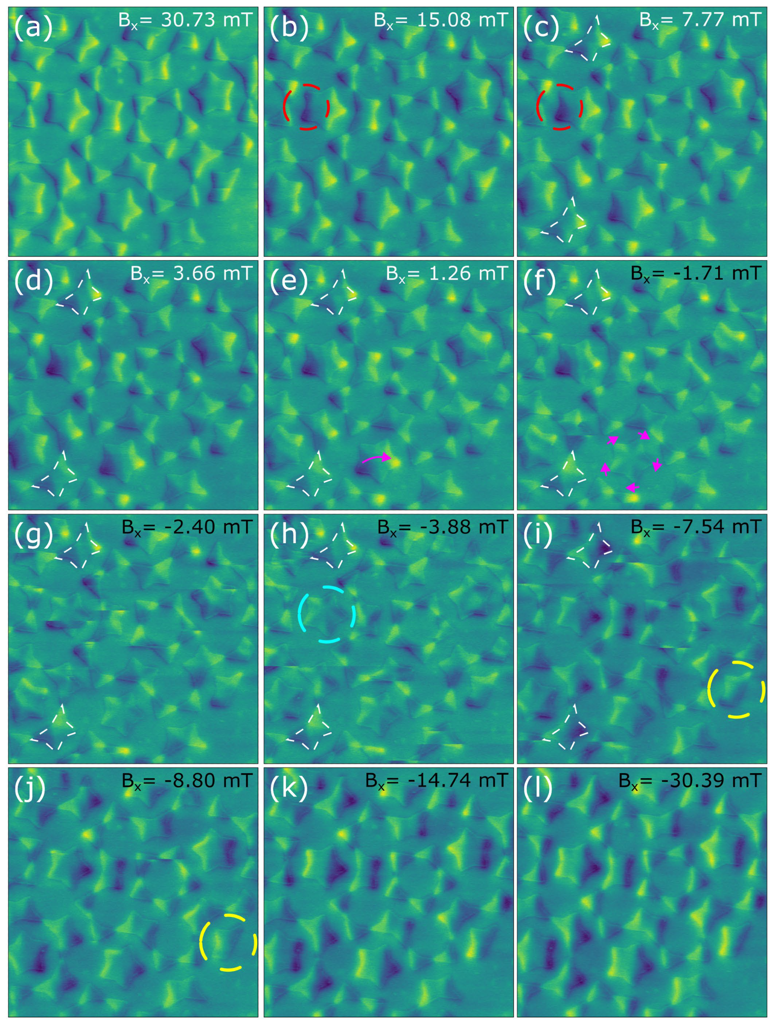 MFM phase images taken at different applied fields while changing from saturation field in one direction to saturation field in another direction (i.e. 31 to -31 mT). Image size: 13×13 µm2. Phase range: 0.3 deg.