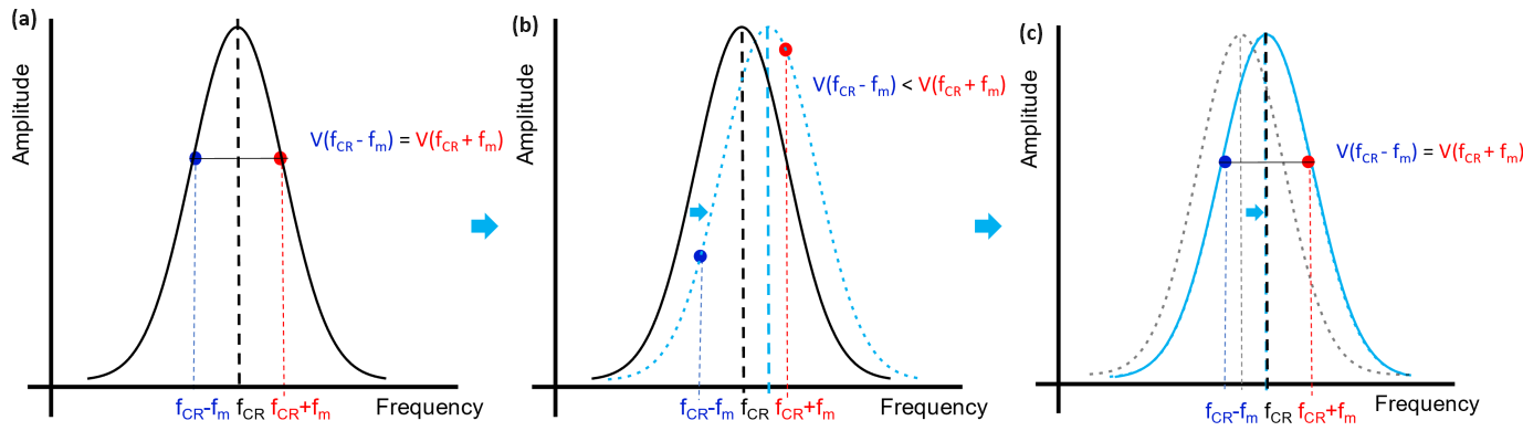 Schematic of DFRT principle. (a) Initial contact resonance and the three excitation frequencies (f CR, fCR - fm, and fCR + fm); V(fCR - fm) = V(fCR + fm). (b) As the resonance shifts (dashed light blue line) the amplitudes of the sidebands are no longer the same, V(fCR - fm) < V(fCR + fm). (c) Using the difference V(fCR - fm) - V(fCR + fm) as feedback, the PID controller in the lock-in amplifier shifts all three excitation frequencies (f CR, fCR - fm, and fCR + fm) so that the sideband amplitudes are the same again, V(fCR - fm) = V(fCR + fm).