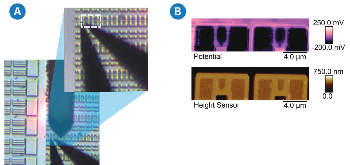 (a) Two Imina microprobers positioned only a few microns apart on the source/drain regions of transistors in an SRAM device, shown with and without (inset) the AFM probe inserted. (b) KPFM data collected in the marked area of interest highlighting source/drain (dark) and channel (lighter) areas.