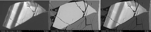 Sample: Coarse-grained Syenite with zonation in the alkali feldspar. Left: CL image. Middle: BSE image. Right: Mixed CL and BSE. Small variations in Ca and Na content create CL contrast, hardly visible in the BSE image.
