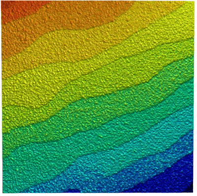 Topography showing steps of strontium titanate (scan size: 1.1 µm × 1.1 µm).