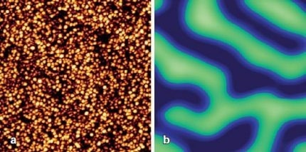 Magnetic force microscopy (MFM) on meander domains with perpendicular magnetization of a multilayer Co-Pt film on silicon. Sample courtesy Dr V. Neu (Leibnitz IFW Dresden, Germany). Scan size: 1µm × 1µm. a) Height range: 4 nm; b) Phase range: 14.4 deg.