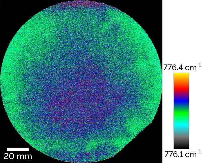 Confocal Raman image of a 15 cm SiC wafer, color coded for the position of the stress-sensitive E2 peak (776 cm-1). The image reveals a small, presumably stress-induced peak shift from the wafer’s center toward its edge.