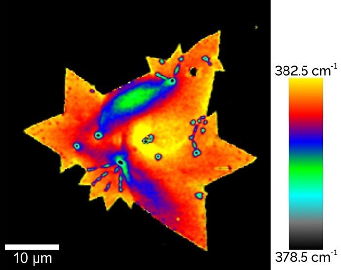 Raman image of mono-layer MoS2 color coded for shifts of the Raman E2g band, visualizing areas of strain and doping.
