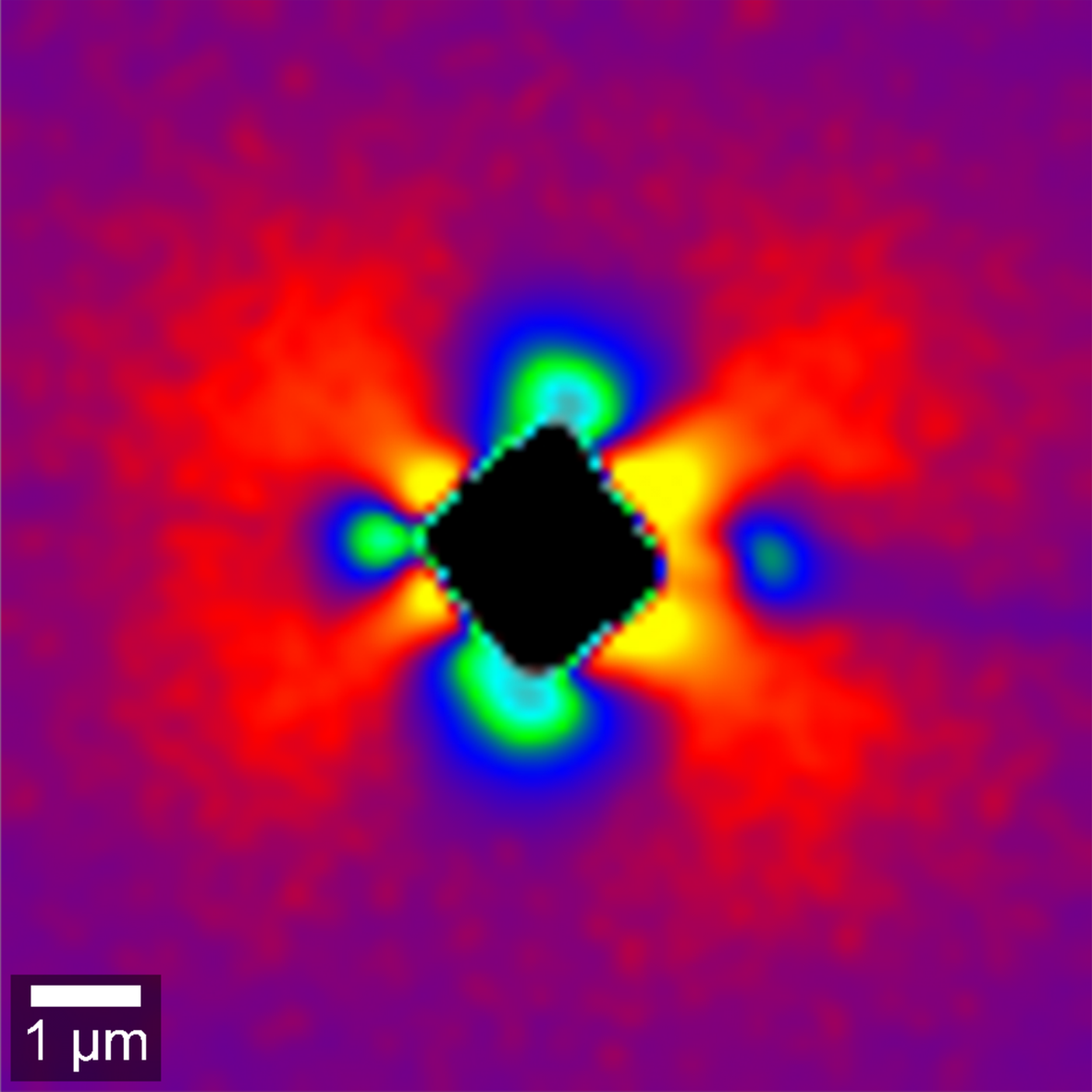 Material stress in silicon imaged via Raman peak-shift analysis. Tensile strain (blue) and compressive strain (yellow).