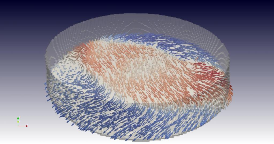 A look inside the material: a snapshot from the 3D film of the researchers. It shows a cross-section through the sample and in this plane the local alignment of the magnetic moments, represented by arrows in red (pointing to the right) and blue (pointing to the left). This makes the wavy structure and vortices in the magnetisation visible.