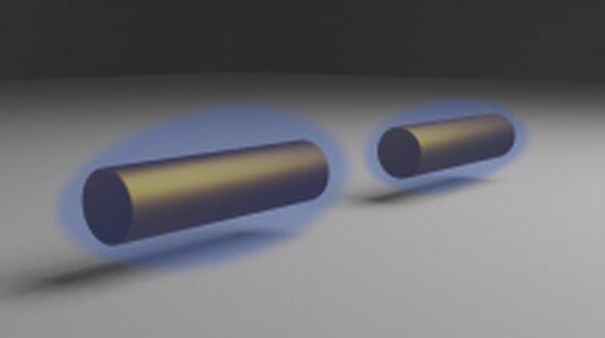 A pair of cylindrical gold nanoparticles, where the plasmonic excitations are represented by the clouds surrounding the nanoparticles.