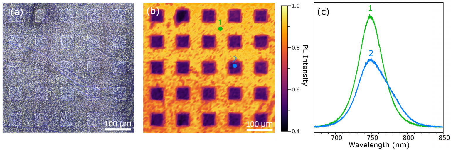 The ITO/VACANT/perovskite surface imaged using (a) widefield darkfield illumination, (b) confocal PL intensity mapping. Extracted spectra at points 1 and 2 of the PL map are shown (c).