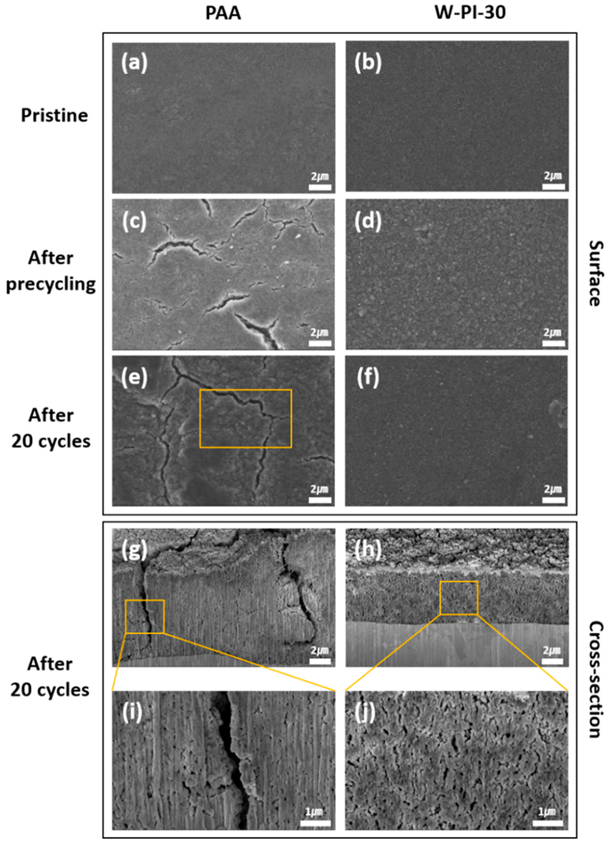 FE-SEM images of Si electrodes with PAA and W-PI-30 binders. (a–f) Surface morphology of Si electrodes before cycling, after precycling, and after 20 cycles ((a,c,e) PAA and (b,d,f) W-PI-30). (g–j) Cross-sectional images of Si electrodes with PAA and W-PI-30 binders after 20 cycles.