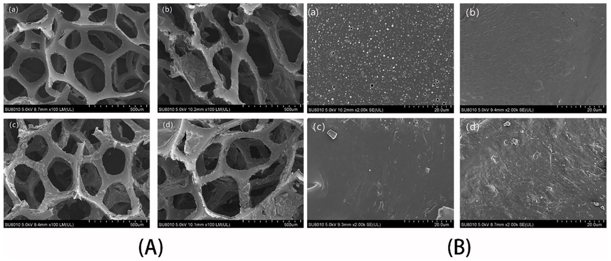 Low magnification (A) and high magnification (B) Scanning electron microscopy (SEM) images of (a) pre-treated sponge, (b) octadecyldimethyltrimethoxysilylpropylammonium chloride-CNTs/PU, (c) hexadecyltrimethoxylsilane-CNTs/PU, and (d) OTS-CNTs/PU with coupling time = 24 h.