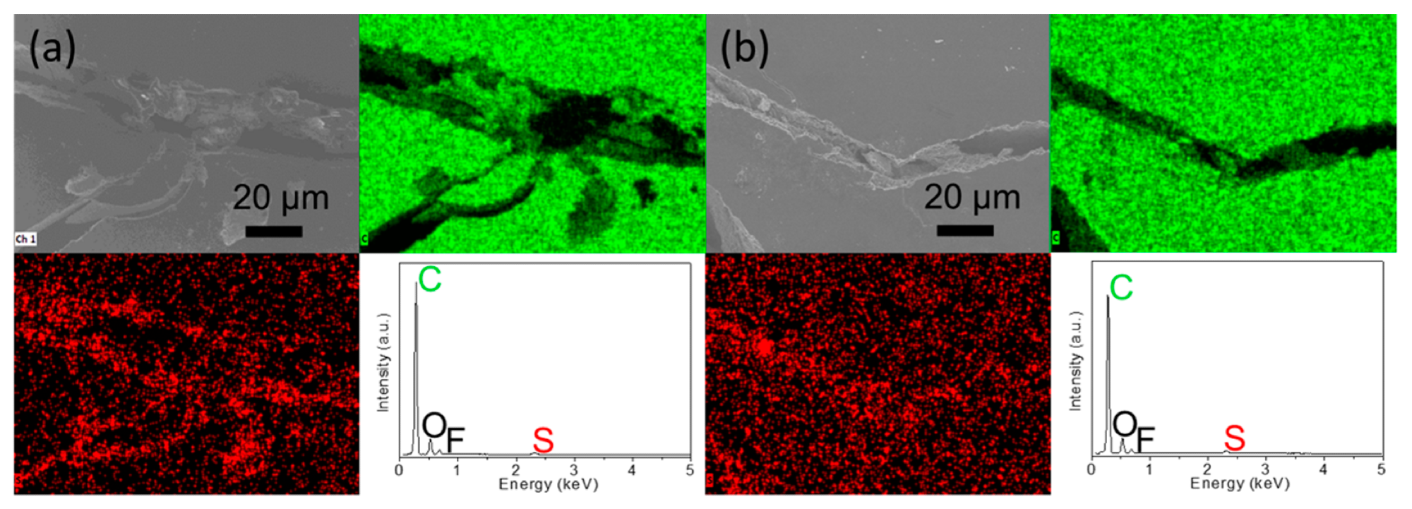 Electrochemical analysis: microstructural inspection and elemental mapping results of the inserted carbon paper for the polysulfide diffusion analysis: (a) the side facing cathode and (b) the side facing anode.