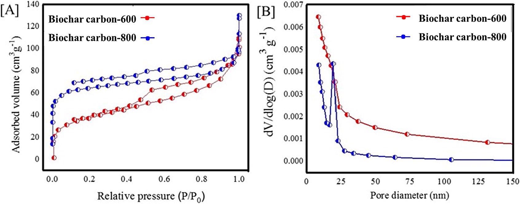 [A] N2 adsorption isotherm of biochar samples [B] Pore diameter and volume of biochar’s.