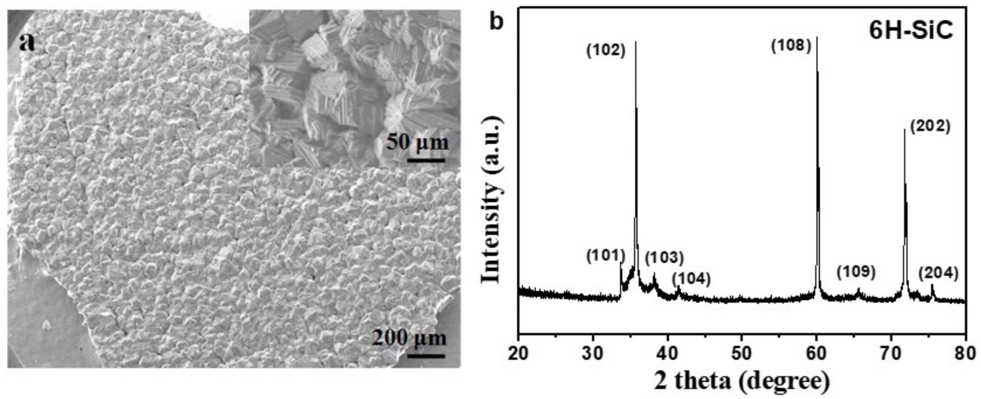 (a) SEMimages and (b) XRD pattern of the deposited SiC product on the graphite crucible cover.