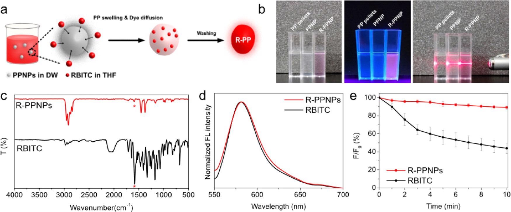 (a) Scheme of fluorescence labeling of PPNPs by the CSD method. (b) Photographs of PP pellets, PPNPs, and R-PPNP suspension in DW under visible light (left), UV light (365 nm, middle), and visible light with laser beam (right). (c) FT-IR spectra, (d) fluorescence spectra, and (e) fluorescence stability of RBITC and R-PPNPs.