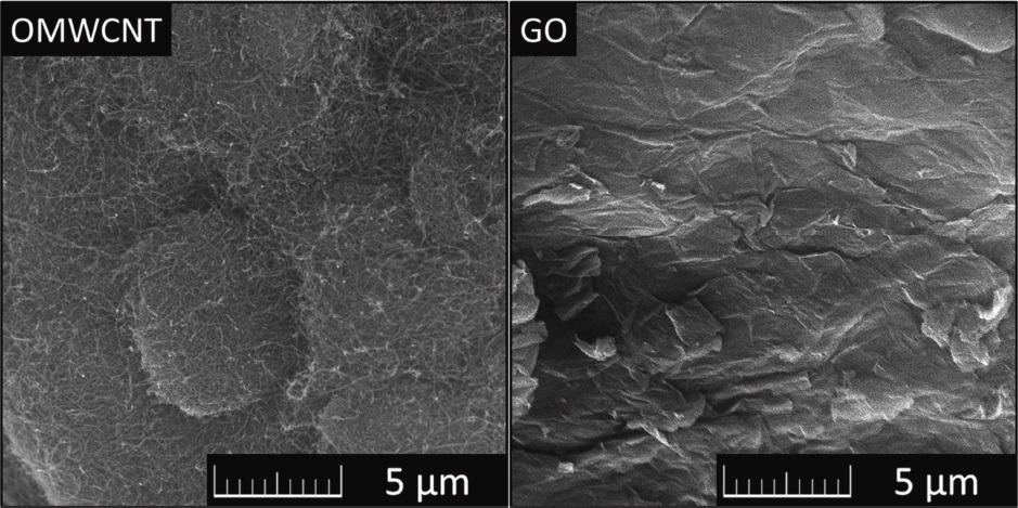 Micrographs of OMWCNTs (left) and GO (right) observed using SEM.