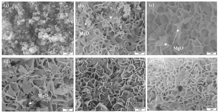 SEM images of electrospun MgO samples (a) before exposure to steam (no-steam) and after exposure to steam for (b) 2-min, (c) 5-min, (d) 10-min, (e) 15-min, and (f) 20-min at 100 °C.