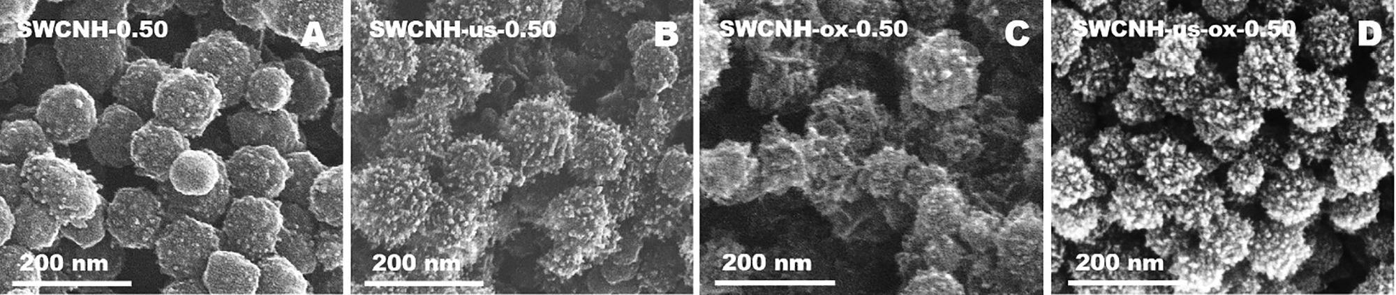 HR-SEM – the structure of pristine SWCNH (A); treated with ultrasounds (SWCNH-us) (B), oxidated SWCNH (SWCNH-ox) (C), and treated with both ultrasounds and oxidized (SWCNH-us-ox) (D).