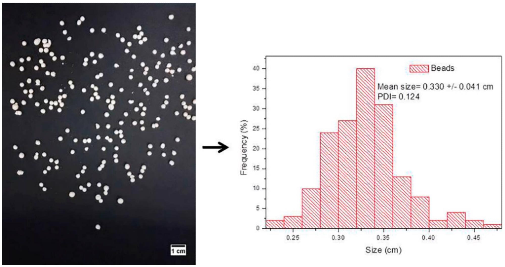 Digital photo (left) of hybrid nanobeads (XAN@CHT/NLC-INDO) and particle size distribution (right), estimated by ImageJ software, (n = 3).