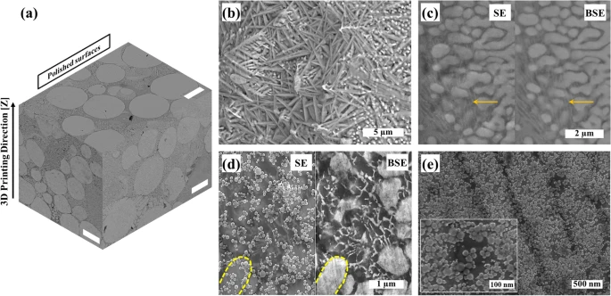 SEM micrographs of (a) polished surfaces of SLM-Mo(x)S(x+1) (scale bar?=?25 µm), (b) unpolished top-surface including laser-assisted exfoliated 1T-MoS2 nanosheets and Mo2S3 nanoparticles, (c) high magnification secondary and backscattered electron micrographs acquired from the polished cross-section in which the arrows indicate thin transparent 1T-MoS2 layers alongside coalesced Mo2S3 nanoparticles, (d) HR-SEM micrograph of the polished surface of SLM-Mo(x)S(x+1) in which the yellow dashed lines indicate coalescence zones of Mo2S3 nanoparticles, and (e) high magnification HR-SEM micrograph of a cross-section showing Mo2S3 nanoparticles within the structure of the nanocomposite.