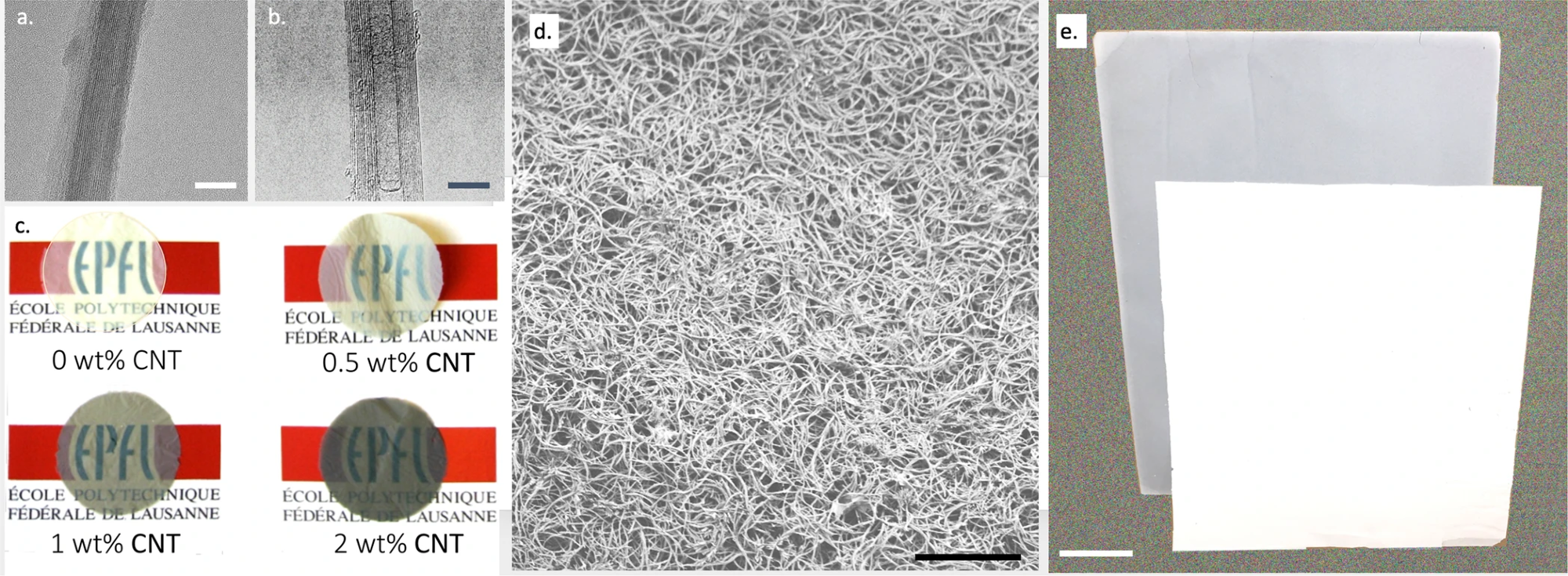 From nanowires and nanotubes to large area filter paper. a, b HR TEM images of the essential individual nano-structural components of the composite filter material, i.e., a single TiO2NW and a single multiwalled CNT, respectively. The length of both nanoelements can reach several micrometers (The scalebars are 10?nm).; (c) Photos of selected samples of TiO2NWs-based filter paper with various wt% contents of CNTs, which alters their transparency (the diameter of the filter paper disc is of 20?mm); d Characteristic SEM image of the filter paper (The scalebar is 5?µm is 5b, (e) Photo of large area filter papers synthesized from pure TiO2NWs (front) and containing 1?wt% content of CNTs (grayish). (The scalebar is 10?cm).