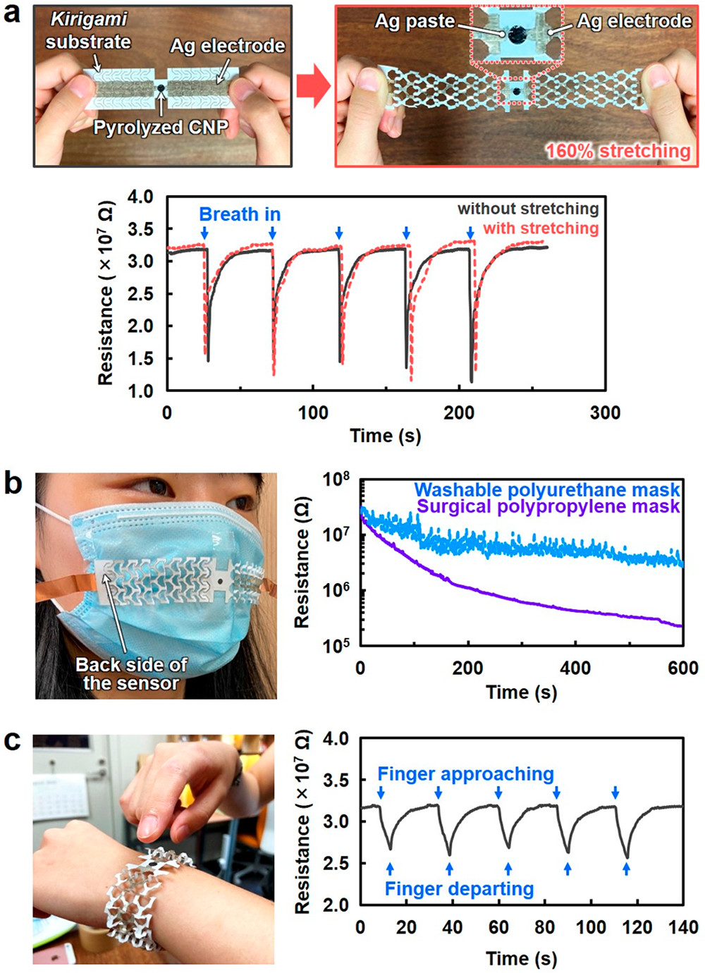 Stretchable and wearable sensor devices based on the pyrolyzed cellulose nanofiber paper (CNP) sensor and kirigami paper substrate. (a) Optical images of the sensor device and water vapor sensing in exhaled human breath before and after stretching, demonstrating the (b) monitoring of human exhalation-derived water vapor leaked from the face masks and (c) detection of skin moisture upon an approaching finger. The finger approaches close to ~5 mm to the pyrolyzed CNP sensor and is held for 5 s, followed by departing away from the sensor.