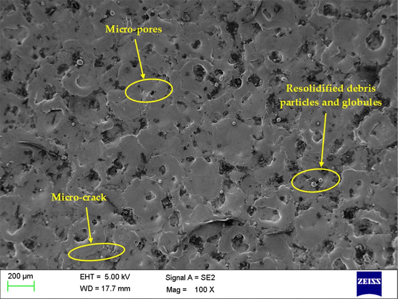 SEM analysis of machined Nitinol at Ton of 8 µs, Toff of 6 µs, PC of 2 g/L, and current of 6 A.
