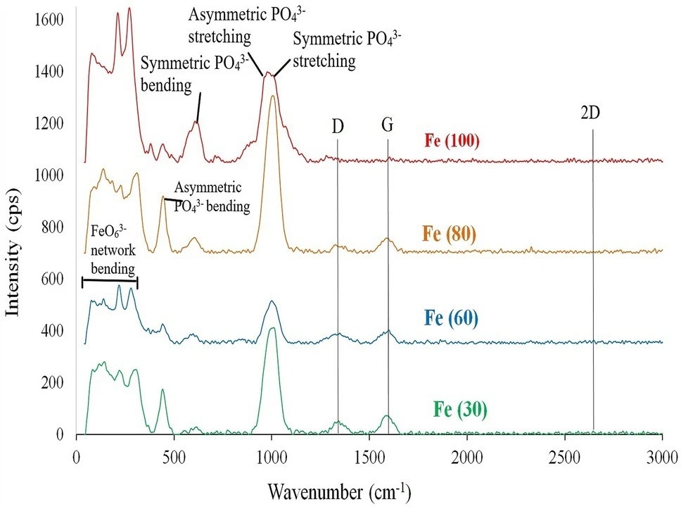 Raman spectra for microwave solid state synthesized sodium iron phosphate samples.