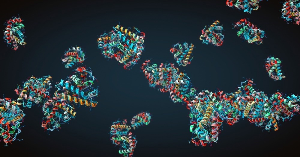 Colorful chain of amino acids or bio molecules called proteins - 3d illustration