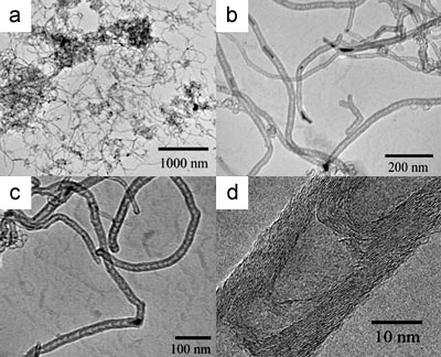 Typical TEM images of BCNTs grown at 850 ºC using a 10 wt.% Cu/Mo/MgO catalyst: (a) low magnification TEM image of BCNTs, (b) TEM image of catalyst particles located inside and at the tips of the nanotubes, (c) TEM image of carbon nanotubes filled with a catalyst nanoparticle which is responsible for the formation of BCNTs with an outer diameter of 20 nm, (d) a high-resolution TEM image of a BCNT with the curved graphite sheets.