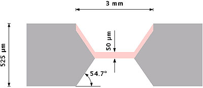 Schematic cross-section view of the porous silicon membrane. Silicon is in grey, porous silicon is in pink.