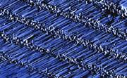 AZoNano - The A to Z of Nanotechnology : Scanning electron microscope image shows rows of horizontal zinc-oxide nanowires grown on a sapphire surface. The gold nanoparticles are visible on the ends of each row.